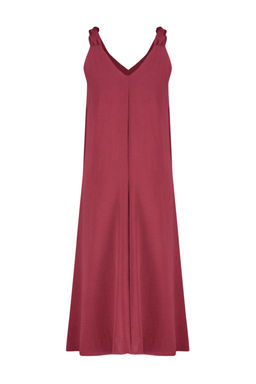 Bordo Rahat Kesim V Yaka Midi Dokuma Elbise TWOSS23EL00882