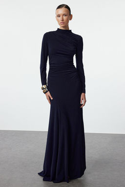 TRENDYOLMILLA Lacivert Fitted/Vucuda Oturan Dik Yaka Uzun Kollu Esnek Maxi Orme Elbise TWOAW25EL00099  фото 6