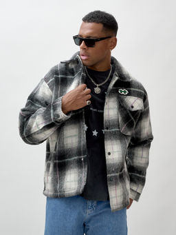Куртка рубашка шерстяная в клетку мужская демисезонная темно-серого цвета 58592TC
