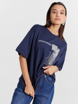 Футболка женская синяя с принтом Energy creates reality глубокий синий +печать1 112961