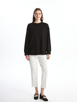 Bisiklet Yaka Parlak Ta?l? Oversize Kad?n Sweatshirt