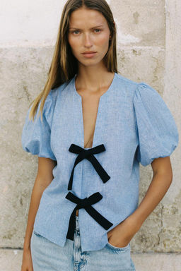 LINEN BLEND TIE BLOUSE - Zara фото 15