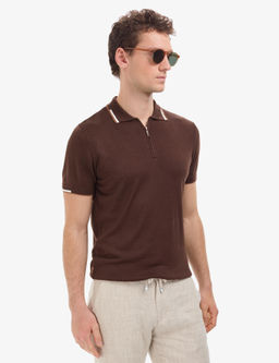 Kahverengi Slim Fit Polo Yaka Fermuarl_ Triko Ti__rt