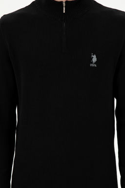 Erkek Slim Fit Yar_m Fermuarl_ Siyah Kazak