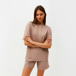 Костюм спортивный женский: футболка, шорты, MINAKU: Casual collection, размер 44, бежевый
