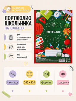 Папка-портфолио А4, Calligrata «Переменка», пластиковая, на 4 кольцах, для школьника, без вкладышей
