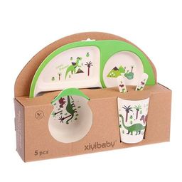 Набор детской посуды из бамбука Динозаврики, 5 предметов: тарелка, миска, стакан, столовые приборы - Крошка я фото 4