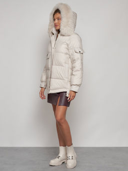 Куртка зимняя женская модная с мехом бежевого цвета 13301B - Visdeer фото 7