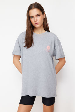 TRENDYOLMILLA Lacivert %100 Pamuk S?rt Bask?l? Oversize/Genis Kal?p Bisiklet Yaka Orme T-Shirt TWOSS23TS00321  фото 3
