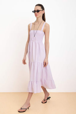 Lila Duz Etegi Belden Ac?lan Gipeli Maxi Dokuma Elbise TWOSS24EL01052