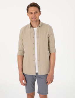 Haki Keten G_r_n_ml_ Slim Fit Uzun Kollu G_mlek