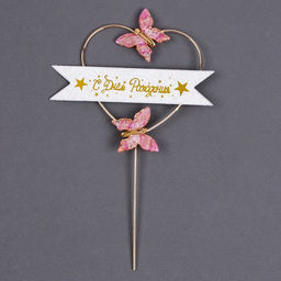 Топпер С днём рождения, бабочки в сердце, цвет розовый