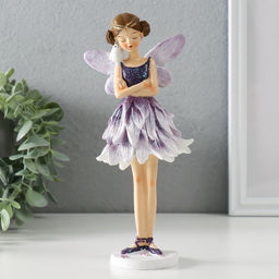 Фигурка полистоун Девочка-бабочка в сиреневом платье, с птичкой на плече, 9.5?9?21 см
