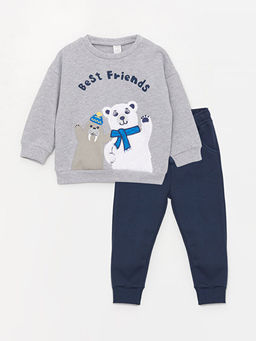Bisiklet Yaka Uzun Bask?l? Erkek Bebek Sweatshirt ve Pantolon 2li Tak?m