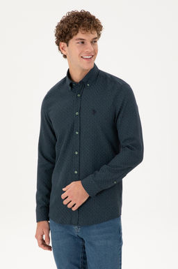 Мужская темно-зеленая рубашка с длинным рукавом