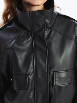 Dik Yaka Oversize Kad?n Deri G?r?n?ml? Ceket