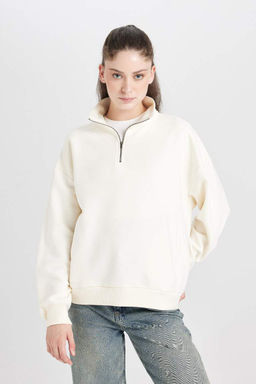 Женский черный простой толстый свитшот оверсайз с широкой посадкой на молнии с воротником-стойкой и карманами