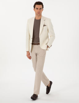 Ekru Slim Fit Y_n Keten Kar___ml_ _izgili K_rlang__ Yaka Ceket