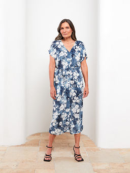 V Yaka ?i?ekli K?sa Kollu Poplin Elbise