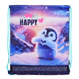 Сумка для сменной обуви "Happy Pinguin" 40x47 см, водоотталкивающая ткань, на веревочной завязке, с вставкой из пластиковой сетки для вентиляции, с петлей для повеса и переноски