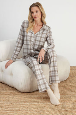 Trendyolmilla Bej %100 Pamuklu Ekoseli Orme Pijama Tak?m? THMAW20PT0266  фото 6