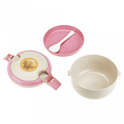 Ланч-бокс для продуктов пластмассовый Эко дом д13,8см h10см, 2 уровня: 0,15л д13,8см h2,1см; 0,6л, д13,7см h6,7см, с ложкой 13см, бежевый, с цветными клипсами и ручками, цвета в ассортименте: фисташковый, розовый (Китай) Пластик с добавлением пшени - Домашняя мода фото 2