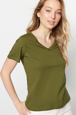 Haki-Bej %100 Pamuk 2li Paket Basic V Yaka Orme T-Shirt TWOSS23TS00002