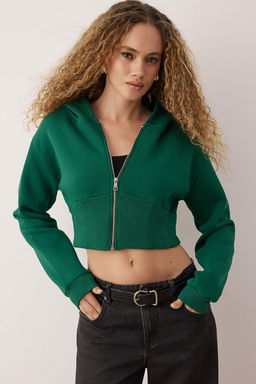 Zumrut Yesili Fermuarl? Kapusonlu Belden Oturmal? Esnek Orme Sweatshirt TWOAW26SW00089