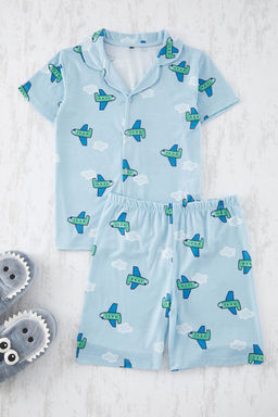 Mavi Erkek Cocuk Ucak Bask?l? Gomlek Yaka Orme Alt Ust Pijama Tak?m? TKDSS25PT00003