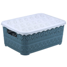 Домашняя мода Корзина пластмассовая для хранения Вышивка 26,5х19см h11,1см, матовый пластик, с серой крышкой, с ручками, синий (Китай)