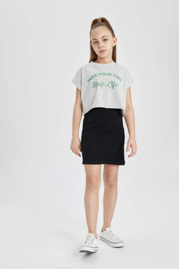 Платье на бретельках в рубчик для девочек с короткими рукавами - Defacto фото 2