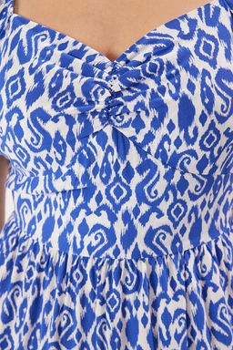 Mavi Etnik Desenli A Kesim Balon Kollu Cicek Desenli Midi Viskon Dokuma Elbise TWOSS20EL2323