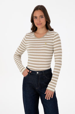Kad_n Koyu Bej _izgili Bisiklet Yaka Sweatshirt