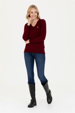 Женский бордовый базовый свитер с v-образным вырезом Неожиданная скидка в корзине - U.s. polo assn фото 4