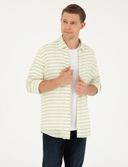 Ye_il Keten Kar___ml_ Slim Fit Uzun Kollu G_mlek