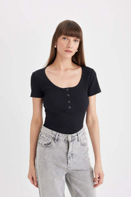 Slim Fit Dar Kesim Bisiklet Yaka Fitilli Kaskorse K?sa Kollu Tisort - Defacto фото 2