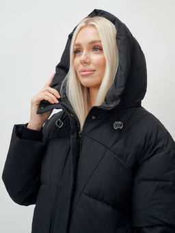 Пальто летучая мышь женское с капюшоном зимнее черного цвета 9616Ch - Mtforce фото 7