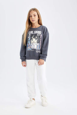 Толстовка оверсайз с круглым вырезом для девочек с принтом - Defacto фото 2