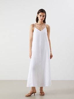 V Yaka Ask?l? A Kesim %100 Keten Elbise