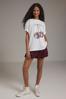 TRENDYOLMILLA Lacivert Kiraz Bask?l? Oversize/Genis Kal?p Orme T-Shirt TWOSS25TS00122  фото 14