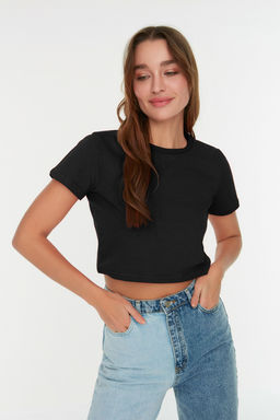 Mor-Antrasit 2li Paket %100 Pamuk Crop Bisiklet Yaka Orme T-Shirt TWOSS20TS1480