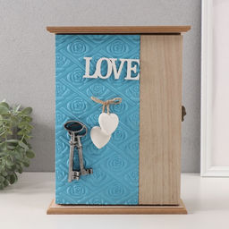 Ключница настенная Роза. Ключи и сердце, дерево, 6 крючков, голубой 6.5?20?26.5 см