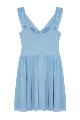 Ac?k Mavi A-Kesim Carmen Yaka Dokuma K?sa Elbise TPRSS24EL00184