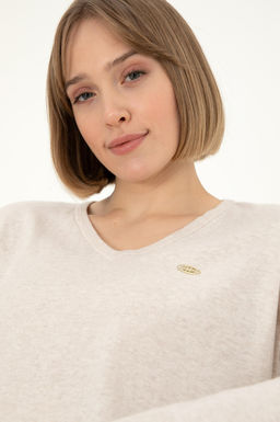 Женский кремовый меланжевый базовый свитер с v-образным вырезом Неожиданная скидка в корзине - U.s. polo assn фото 2