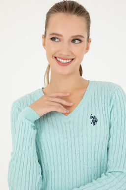 Свитер женский U.S. Polo Assn с v-образным вырезом водно-зеленый хлопок  фото 9