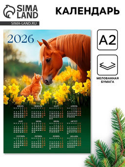 Цена за 20 шт. Календарь 2026 настенный «Лошадь с котёнком», А2