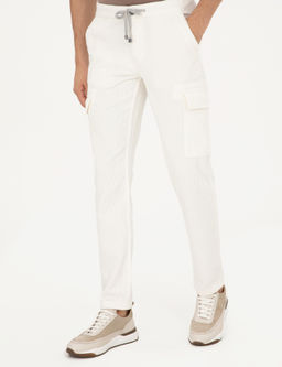 Beyaz Straight Fit Kadife Kargo Cepli %100 Pamuk Kanvas Pantolon