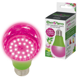 LED-A60-8W/SPSB/E27/CL PLP30GR Лампа светодиодная для растений. Форма "A", прозрачная. Спектр для рассады и цветения. Картон. ТМ ФитоЛето