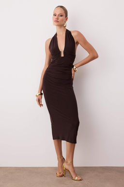 Kahverengi Aksesuar Detayl? Midi Kokteyl Elbise TPRAW26EL00076