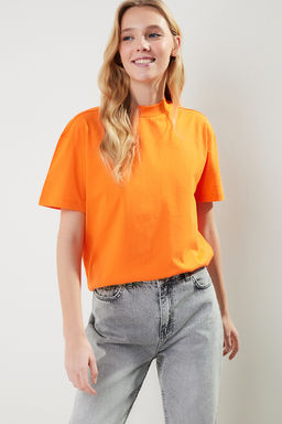 Antrasit-Turuncu 2li Paket Basic Dik Yaka Orme T-Shirt TWOSS20TS1500